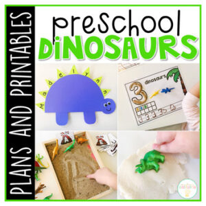 Tons of dinosaur themed activities and ideas. Weekly plan includes books, literacy, math, science, art, sensory bins, and more! Perfect for tot school, preschool, or kindergarten.