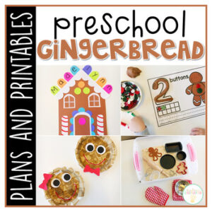 Tons of gingerbread themed activities and ideas. Weekly plan includes books, literacy, math, science, art, sensory bins, and more! Perfect for Christmastime in tot school, preschool, or kindergarten.
