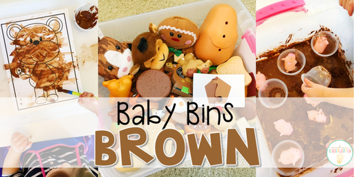 These brown themed sensory bins and activities are great for learning colors and completely baby safe. Baby Bins are the perfect way to learn, build language, play and explore with little ones between 12-24 months old.
