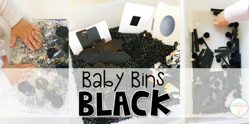 These black themed sensory bins and activities are great for learning colors and completely baby safe. Baby Bins are the perfect way to learn, build language, play and explore with little ones between 12-24 months old.
