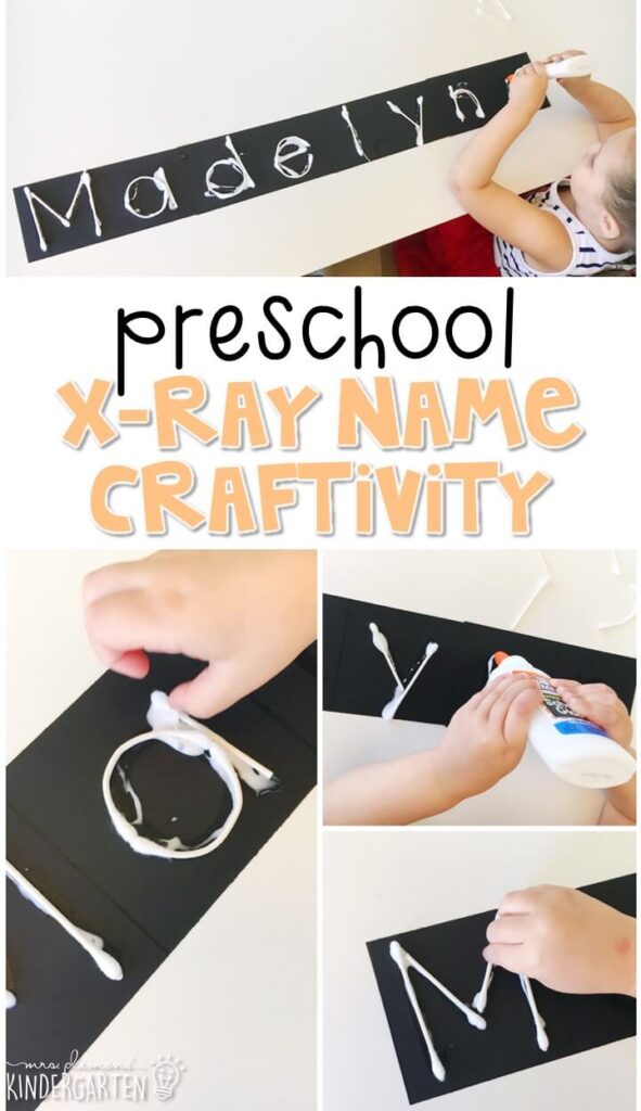 This x-ray name craftivity is fun for name and fine motor practice with a human body theme. Great for tot school, preschool, or even kindergarten!