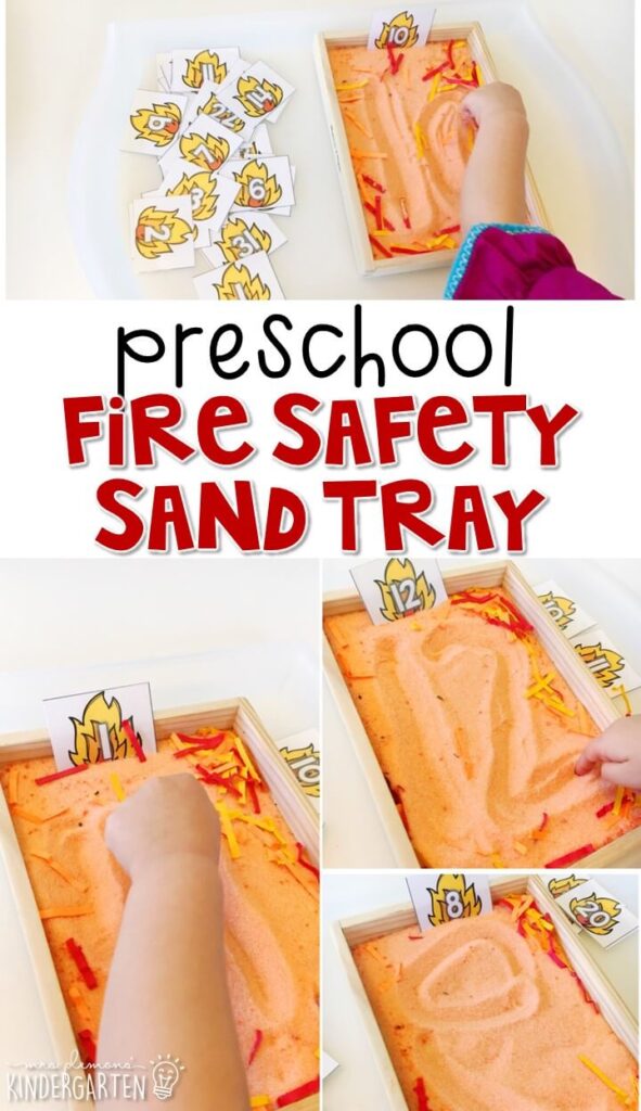 this fire sand tray is great for number writing and fine motor practice with a fire safety theme. Suuri tot koulu, esikoulu, tai jopa päiväkoti!