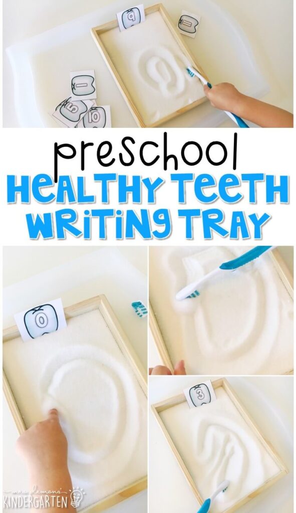 This healthy teeth sand tray is fun for letter writing and fine motor practice with a dental health theme. Great for tot school, preschool, or even kindergarten!