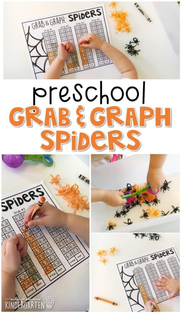 Practice graphing and fine motor skills with this grab and graph spider activity. Perfect for a Halloween theme in tot school, preschool, or even kindergarten!