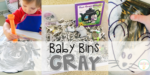 These gray themed sensory bins and activities are great for learning colors and completely baby safe. Baby Bins are the perfect way to learn, build language, play and explore with little ones between 12-24 months old.