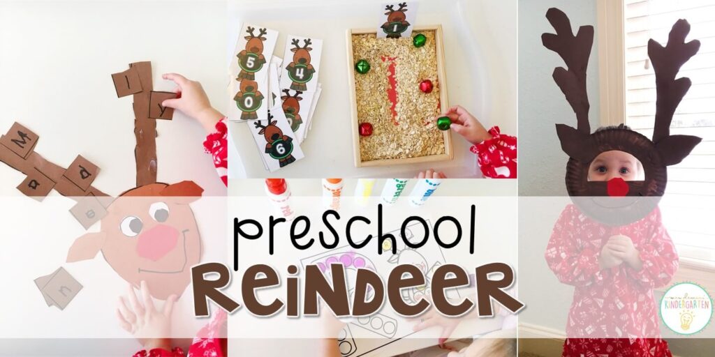 Tons of reindeer themed activities and ideas. Weekly plan includes books, literacy, math, science, art, sensory bins, and more! Perfect for winter in tot school, preschool, or kindergarten.