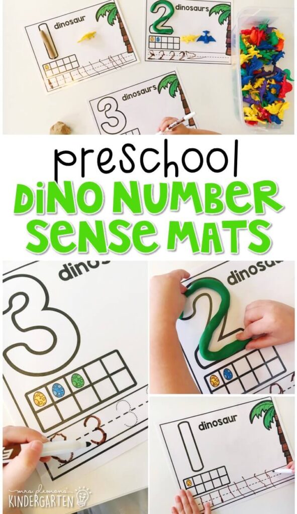These dinosaur number mats are a super fun way to practice number identification, counting, number writing, and fine motor skills with a dinosaur theme. Great for tot school, preschool, or even kindergarten!