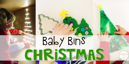 These Christmas themed sensory bins and activities are great for learning and play in the winter and are completely baby safe. Baby Bins are the perfect way to learn, build language, play and explore with little ones between 12-24 months old.