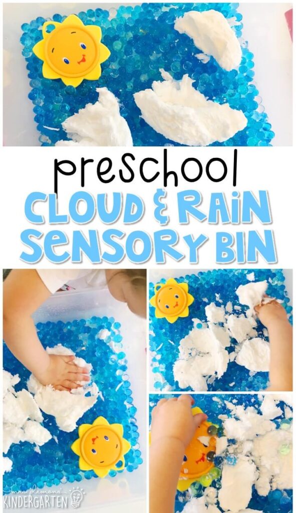 We LOVE this cloud and rain sensory bin using ivory soap and water beads. Perfect for a weather theme in tot school, preschool, or even kindergarten!