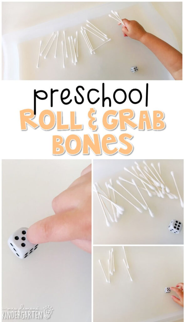 This roll and grab bones activity is a super fun way to practice number identification, counting, and fine motor skills with a human body theme. Great for tot school, preschool, or even kindergarten!