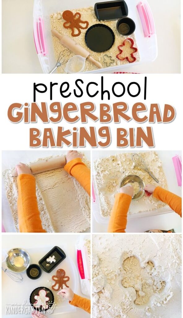 We LOVE this gingerbread baking sensory bin. Perfect for exploration with a gingerbread theme in tot school, preschool, or even kindergarten!