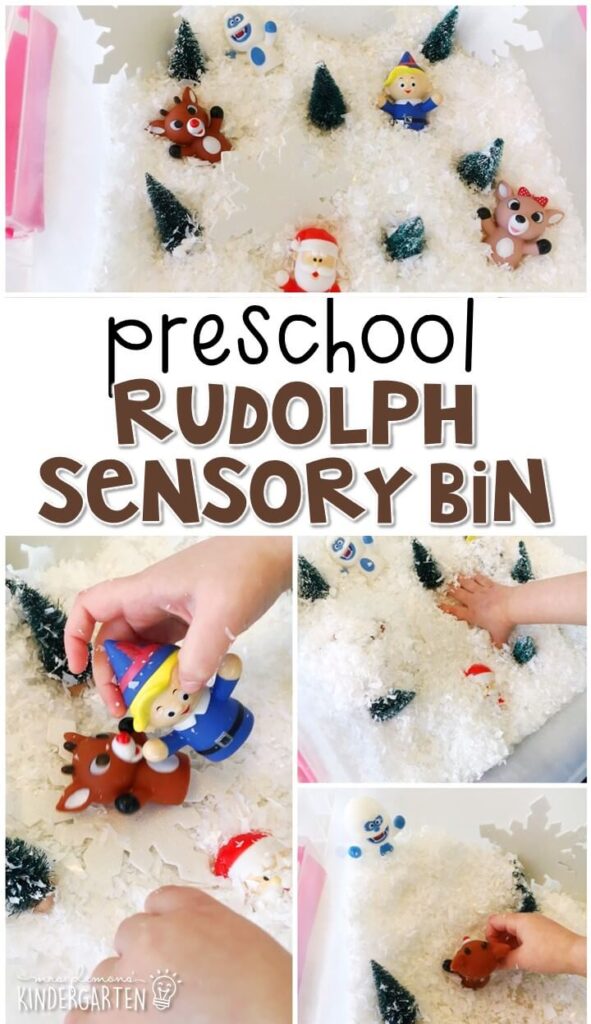 We LOVE this Rudolph sensory bin. Perfect for exploration with a reindeer theme in tot school, preschool, or even kindergarten!