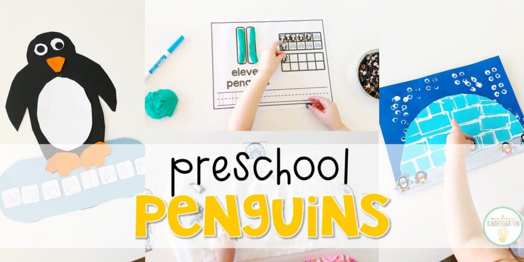 Tons of penguin themed activities and ideas. Weekly plan includes books, literacy, math, science, art, sensory bins, and more! Perfect for winter in tot school, preschool, or kindergarten.