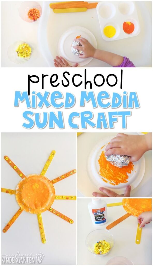 Our mixed media sun craft was just what we needed to brighten up a rainy day. Perfect for our weather theme in tot school, preschool, or even kindergarten!
