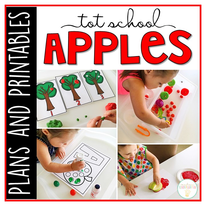Tons of apple themed activities and ideas. Weekly plan includes books, fine motor, gross motor, sensory bins, snacks and more! Perfect for fall in tot school, preschool, or kindergarten.