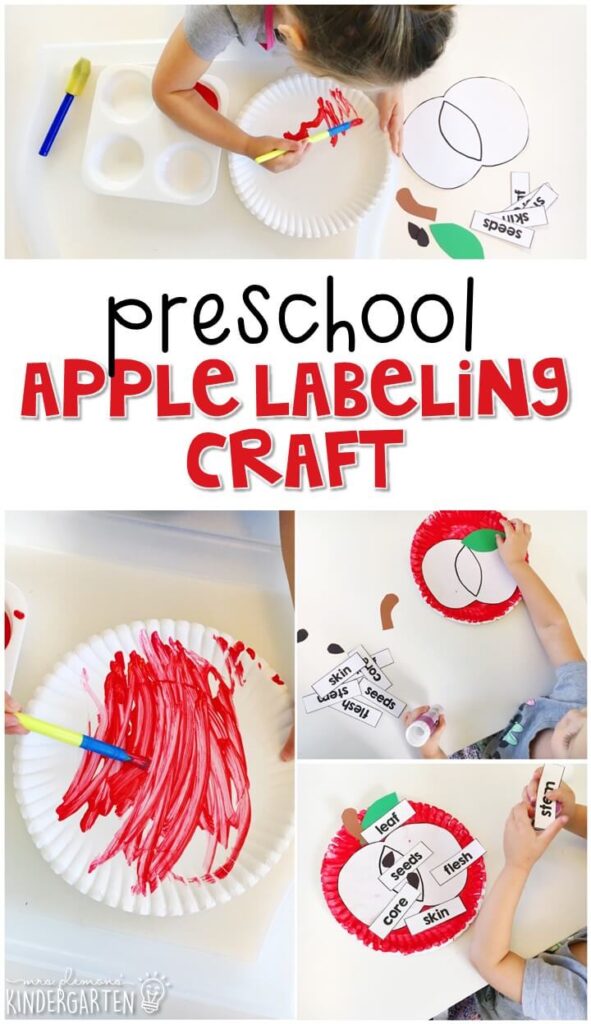 This apple labeling craft is an adorable way to incorporate lots of fine motor skills practice and science learning. Great for tot school, preschool, or even kindergarten!
