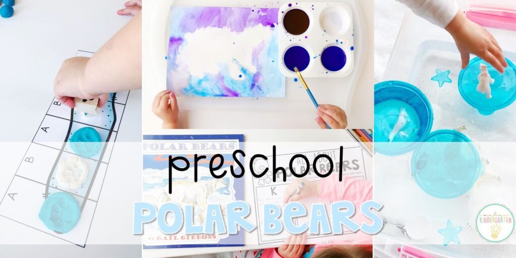 Tons of polar bear themed activities and ideas. Weekly plan includes books, literacy, math, science, art, sensory bins, and more! Perfect for winter in tot school, preschool, or kindergarten.