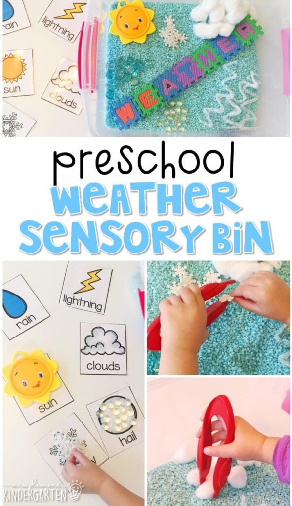 We LOVE this cloud and rain sensory bin using ivory soap and water beads. Perfect for a weather theme in tot school, preschool, or even kindergarten!