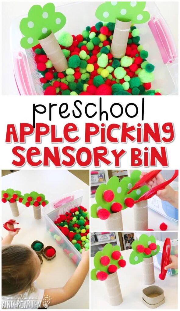 We LOVE this picking apples sensory bin. Great for tot school, preschool, or even kindergarten!