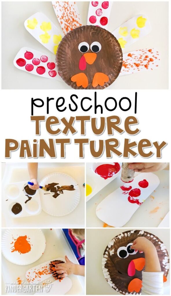 We had a blast making these texture paint turkeys. Perfect for Thanksgiving in tot school, preschool, or even kindergarten!