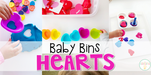 These heart themed sensory bins and activities are great for learning and play and are completely baby safe. Baby Bins are the perfect way to learn, build language, play and explore with little ones between 12-24 months old.