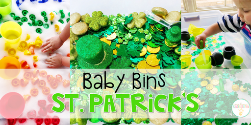These St. Patrick's Day themed sensory bins and activities are great for learning and play and are completely baby safe. Baby Bins are the perfect way to learn, build language, play and explore with little ones between 12-24 months old.