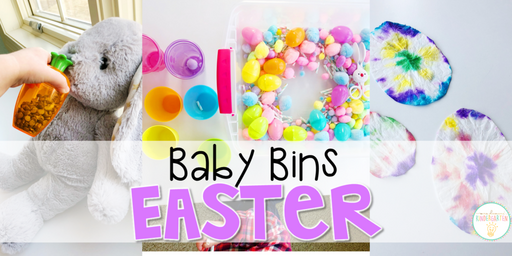 These Easter themed sensory bins and activities are great for learning and play and are completely baby safe. Baby Bins are the perfect way to learn, build language, play and explore with little ones between 12-24 months old.