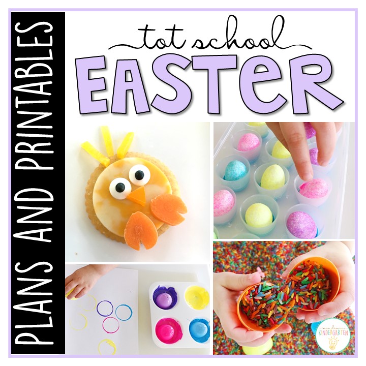 Tons of Easter themed activities and ideas. Weekly plan includes books, literacy, math, science, art, sensory bins, and more! Perfect for tot school, preschool, or kindergarten.