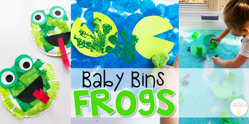 These frog themed sensory bins and activities are great for learning and play and are completely baby safe. Baby Bins are the perfect way to learn, build language, play and explore with little ones between 12-24 months old.