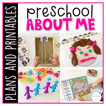 Tons of all about me themed activities and ideas. Weekly plan includes read alouds with comprehension activities, literacy practice, math skills, sensory bins, science and art! Perfect for back to school in tot school, preschool, or kindergarten.
