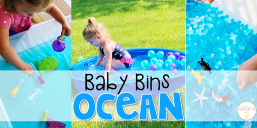 These ocean themed sensory bins and activities are great for learning and play and are completely baby safe. Baby Bins are the perfect way to learn, build language, play and explore with little ones between 12-24 months old.