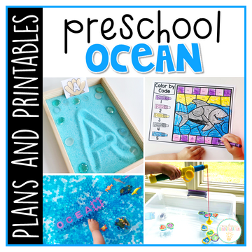 Tons of ocean themed activities and ideas. Weekly plan includes books, literacy, math, science, art, sensory bins, and more! Perfect for summer in tot school, preschool, or kindergarten.