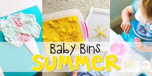 These summer themed sensory bins and activities are great for learning and play and are completely baby safe. Baby Bins are the perfect way to learn, build language, play and explore with little ones between 12-24 months old.