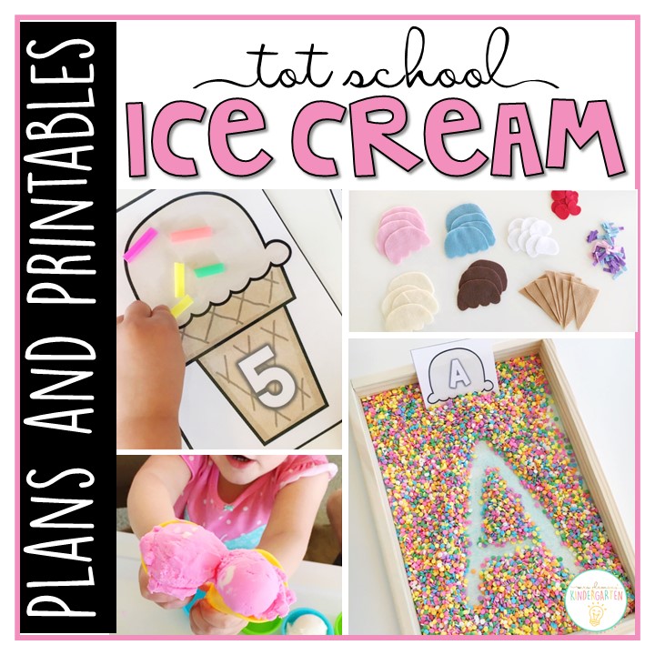 Tons of ice cream themed activities and ideas. Weekly plan includes books, literacy, math, science, art, sensory bins, and more! Perfect for tot school, preschool, or kindergarten.