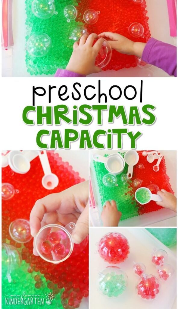 Learn about capacity while exploring this Christmas capacity bin. Perfect for a Christmas theme in tot school, preschool, or even kindergarten!