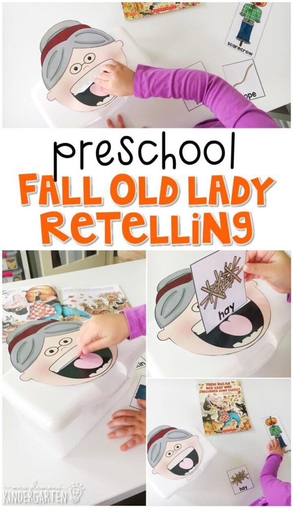 Work on retelling skills with these fun props from There Was an Old Lady Who Swallowed Some Leaves. Preschoolers will love feeding all the silly object to the old lady and retelling the surprise ending. Great for tot school, preschool, or even kindergarten!