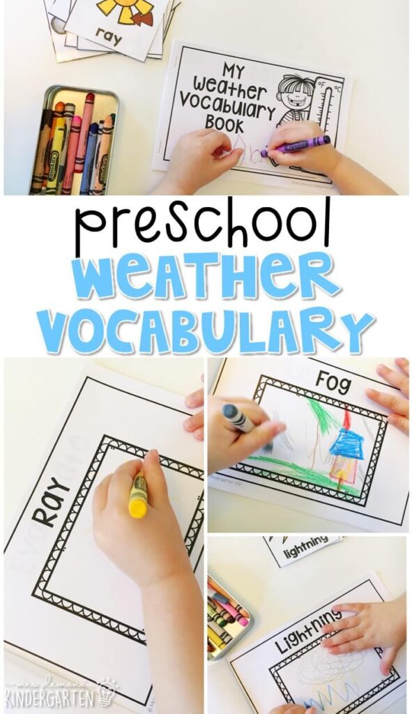 Learn new weather vocabulary by illustrating this Weather Words book. Great for tot school, preschool, or even kindergarten!