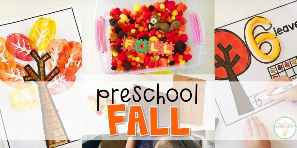 Tons of fall themed activities and ideas. Weekly plan includes read alouds with comprehension activities, literacy practice, math skills, sensory bins, science and art! Perfect for fall in tot school, preschool, or kindergarten.