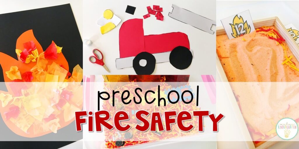 Tons of fire safety themed activities and ideas. Weekly plan includes books, literacy, math, science, art, sensory bins, and more! Perfect for fall in tot school, preschool, or kindergarten.