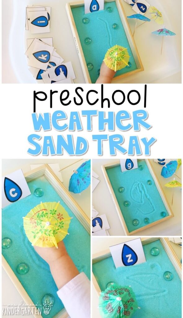 This rain themed sand tray is fun for letter writing and fine motor practice with a weather theme. Great for tot school, preschool, or even kindergarten!