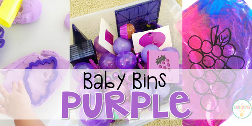 These purple themed sensory bins and activities are great for learning colors and completely baby safe. Baby Bins are the perfect way to learn, build language, play and explore with little ones between 12-24 months old.