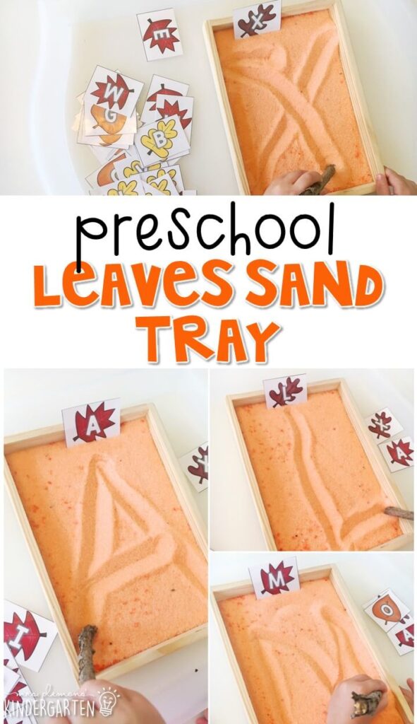 This fall leaves sand tray is fun for letter writing and fine motor practice with a fall theme. Great for tot school, preschool, or even kindergarten!