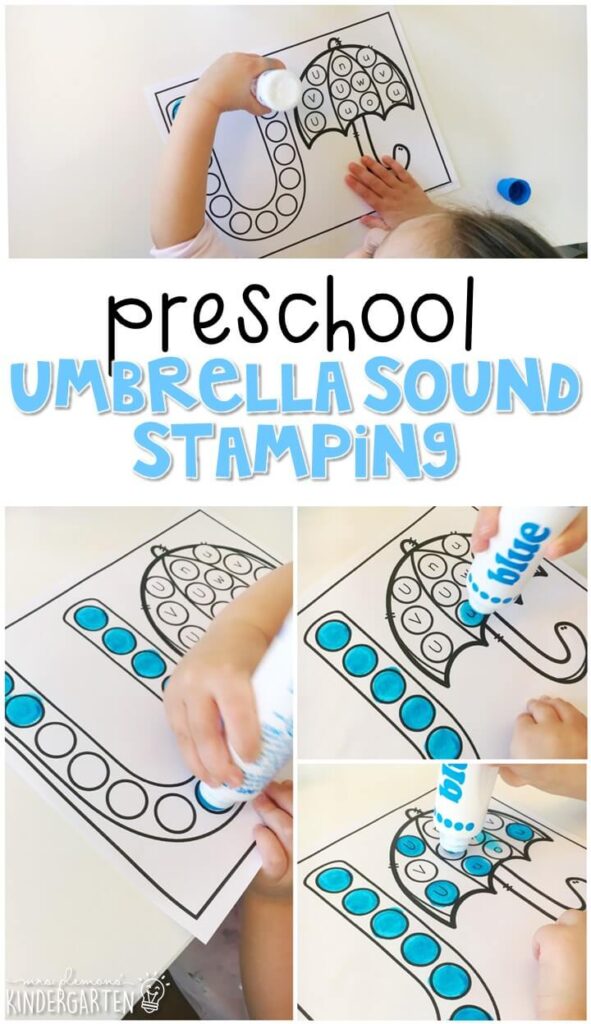 This umbrella sound stamping activity is perfect for letter, sound, and fine motor practice with a weather theme. Great for tot school, preschool, or even kindergarten!