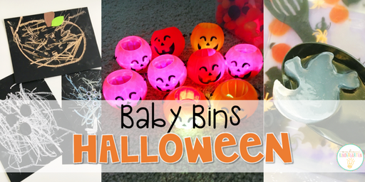 These Halloween themed sensory bins and activities are great for learning and play in the fall and are completely baby safe. Baby Bins are the perfect way to learn, build language, play and explore with little ones between 12-24 months old.