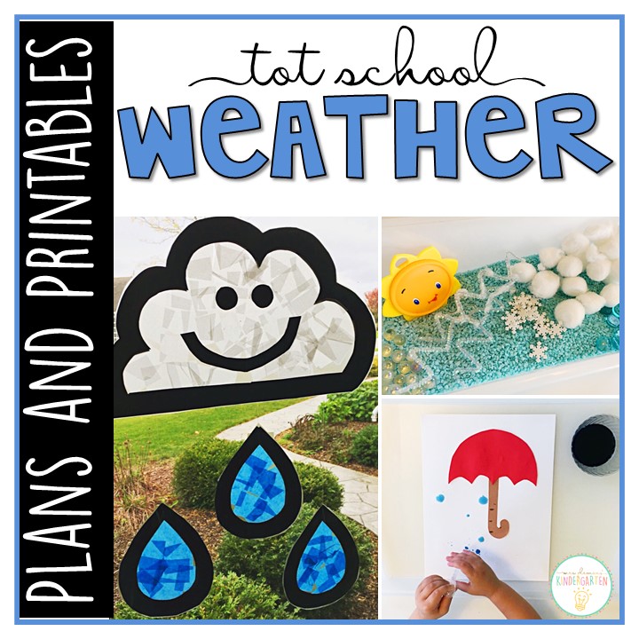 Tons of weather themed activities and ideas. Weekly plan includes books, fine motor, gross motor, sensory bins, snacks and more! Perfect for tot school, preschool, or kindergarten.