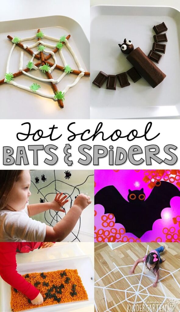 Tons of bat and spider themed activities and ideas. Weekly plan includes books, fine motor, gross motor, sensory bins, snacks and more! Perfect for fall and Halloween in tot school, preschool, or kindergarten.