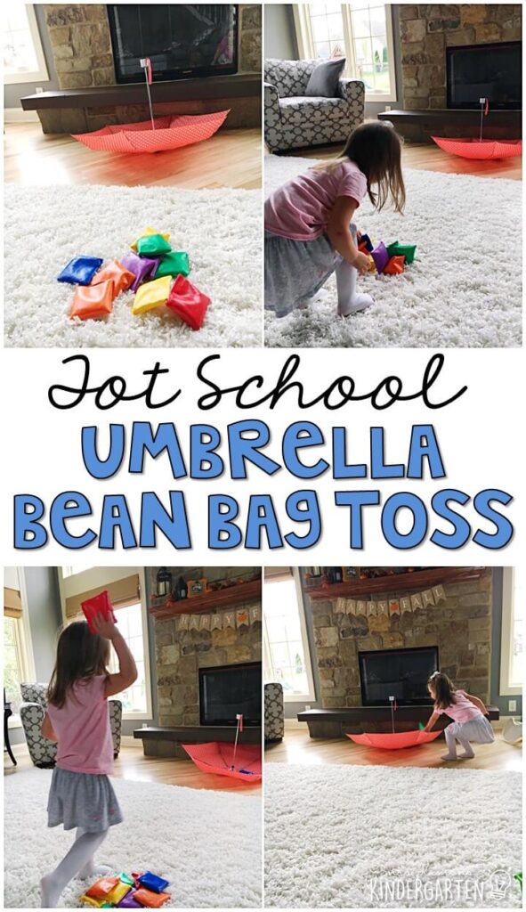 Learning is more fun when it involves movement! See how many bean bags you can toss into the umbrella with this fun weather themed gross motor activity. Great for tot school, preschool, or even kindergarten!