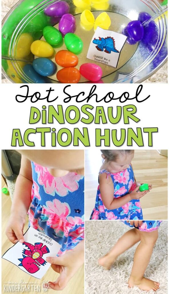 Learning is more fun when it involves movement! This dinosaur egg hunt was an easy and fun gross motor activity for our dinosaur theme. Great for tot school, preschool, or even kindergarten!