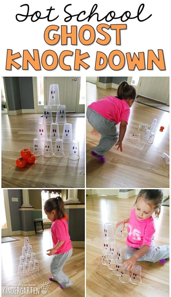 Learning is more fun when it involves movement! Practice throwing throwing, counting, and stacking with this ghost knock down gross motor game. Great for tot school, preschool, or even kindergarten!