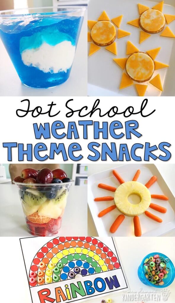 These yummy cloud, sun and rainbow themed snacks are perfect for a weather theme in tot school, preschool, or kindergarten!